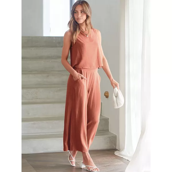 imageANRABESS Womens Summer 2 Piece Outfits Sleeveless Tank Crop Button Back Top Cropped Wide Leg Pants Set PocketsRust