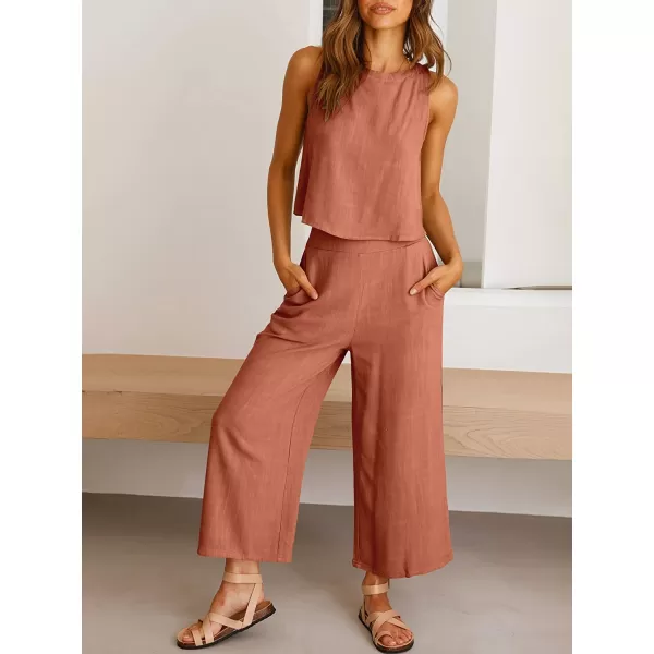 imageANRABESS Womens Summer 2 Piece Outfits Sleeveless Tank Crop Button Back Top Cropped Wide Leg Pants Set PocketsRust