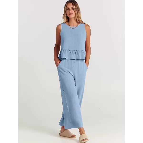 imageANRABESS Womens Summer 2 Piece Outfits Sleeveless Tank Crop Button Back Top Cropped Wide Leg Pants Set PocketsSky