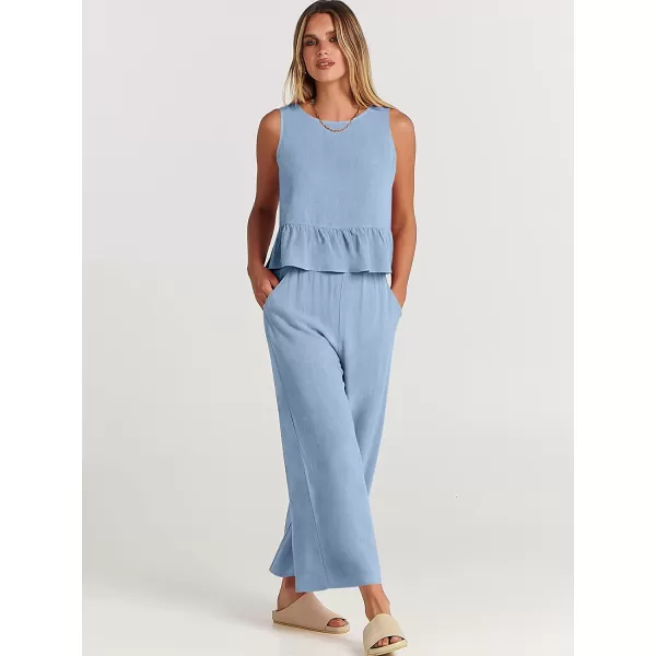 imageANRABESS Womens Summer 2 Piece Outfits Sleeveless Tank Crop Button Back Top Cropped Wide Leg Pants Set PocketsSky