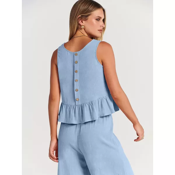 imageANRABESS Womens Summer 2 Piece Outfits Sleeveless Tank Crop Button Back Top Cropped Wide Leg Pants Set PocketsSky