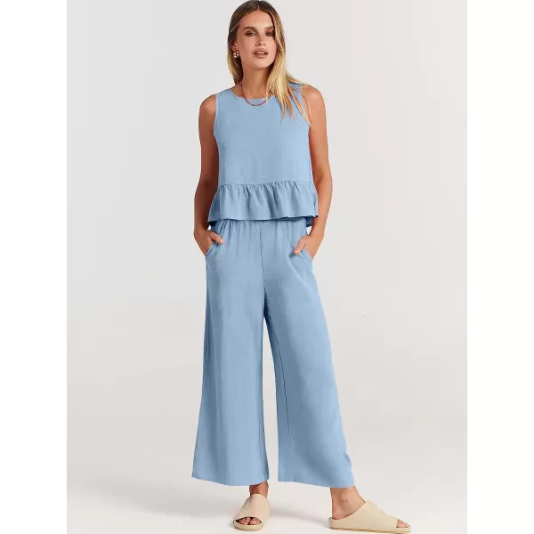 imageANRABESS Womens Summer 2 Piece Outfits Sleeveless Tank Crop Button Back Top Cropped Wide Leg Pants Set PocketsSky