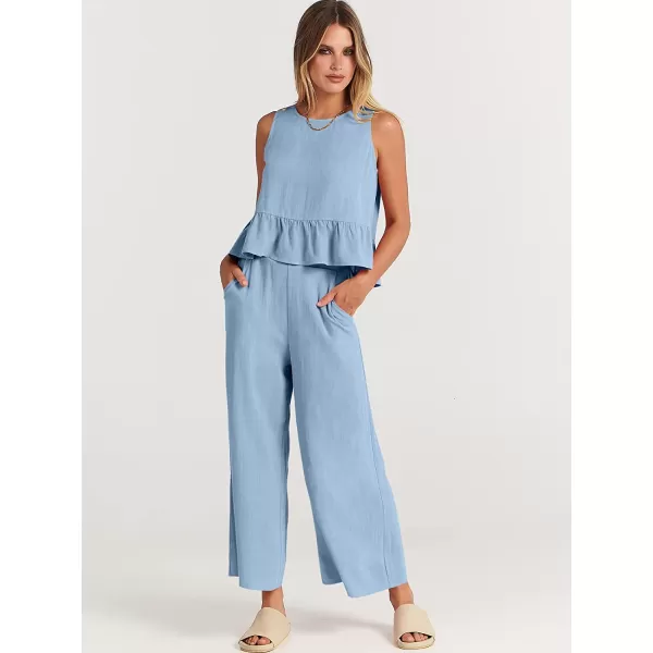 imageANRABESS Womens Summer 2 Piece Outfits Sleeveless Tank Crop Button Back Top Cropped Wide Leg Pants Set PocketsSky