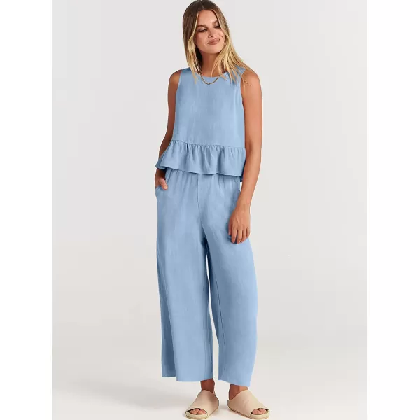 imageANRABESS Womens Summer 2 Piece Outfits Sleeveless Tank Crop Button Back Top Cropped Wide Leg Pants Set PocketsSky