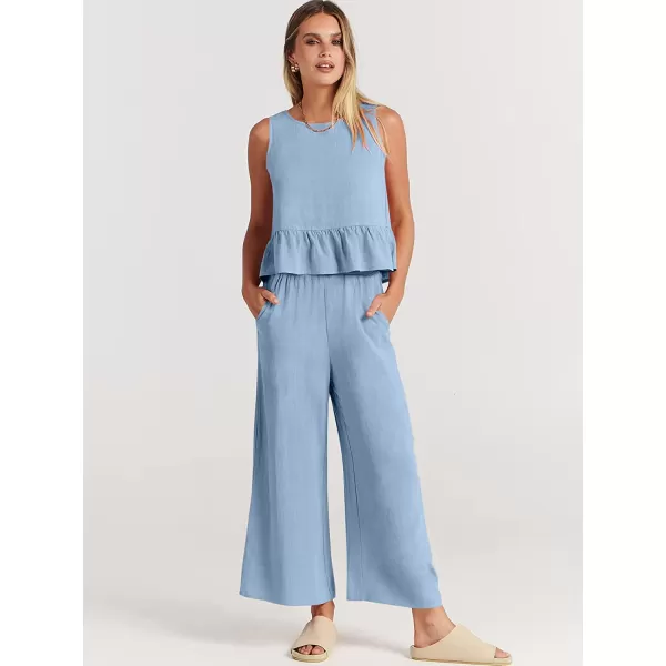 imageANRABESS Womens Summer 2 Piece Outfits Sleeveless Tank Crop Button Back Top Cropped Wide Leg Pants Set PocketsSky