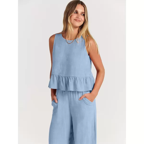 imageANRABESS Womens Summer 2 Piece Outfits Sleeveless Tank Crop Button Back Top Cropped Wide Leg Pants Set PocketsSky