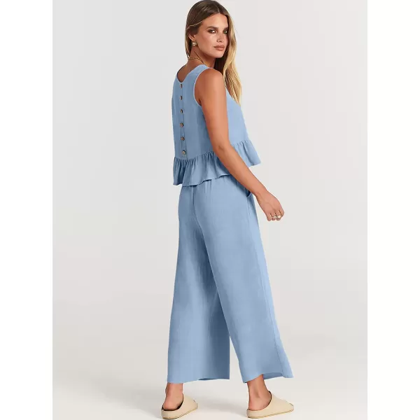 imageANRABESS Womens Summer 2 Piece Outfits Sleeveless Tank Crop Button Back Top Cropped Wide Leg Pants Set PocketsSky