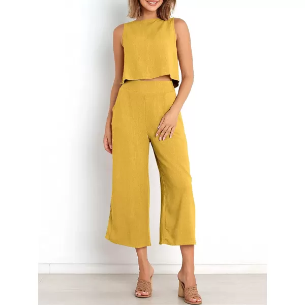 imageANRABESS Womens Summer 2 Piece Outfits Sleeveless Tank Crop Button Back Top Cropped Wide Leg Pants Set PocketsYellow