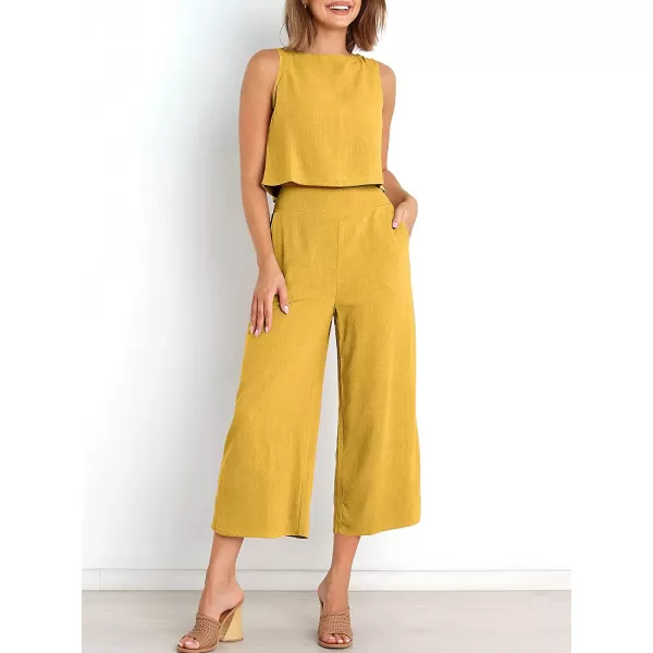 imageANRABESS Womens Summer 2 Piece Outfits Sleeveless Tank Crop Button Back Top Cropped Wide Leg Pants Set PocketsYellow