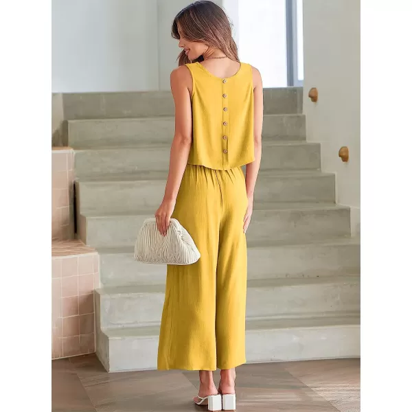 imageANRABESS Womens Summer 2 Piece Outfits Sleeveless Tank Crop Button Back Top Cropped Wide Leg Pants Set PocketsYellow