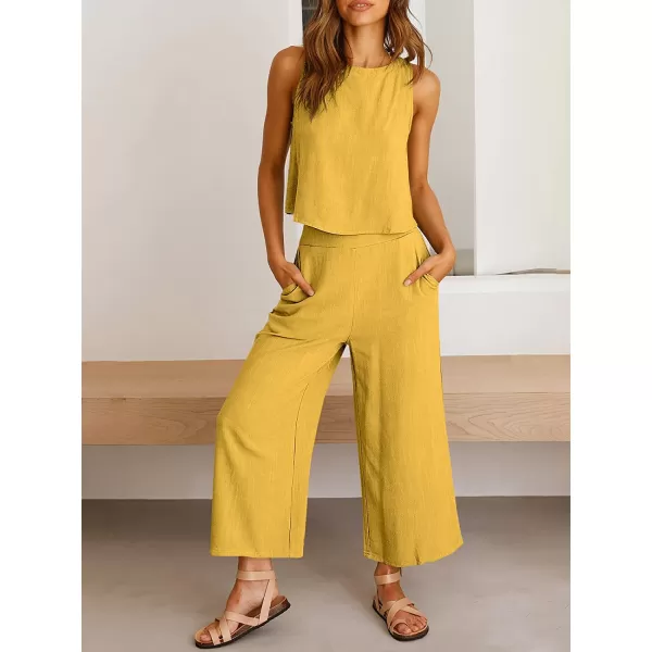 imageANRABESS Womens Summer 2 Piece Outfits Sleeveless Tank Crop Button Back Top Cropped Wide Leg Pants Set PocketsYellow