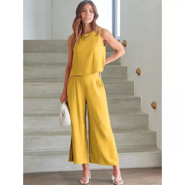 imageANRABESS Womens Summer 2 Piece Outfits Sleeveless Tank Crop Button Back Top Cropped Wide Leg Pants Set PocketsYellow