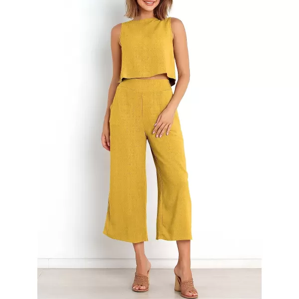 imageANRABESS Womens Summer 2 Piece Outfits Sleeveless Tank Crop Button Back Top Cropped Wide Leg Pants Set PocketsYellow