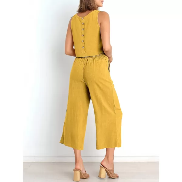 imageANRABESS Womens Summer 2 Piece Outfits Sleeveless Tank Crop Button Back Top Cropped Wide Leg Pants Set PocketsYellow