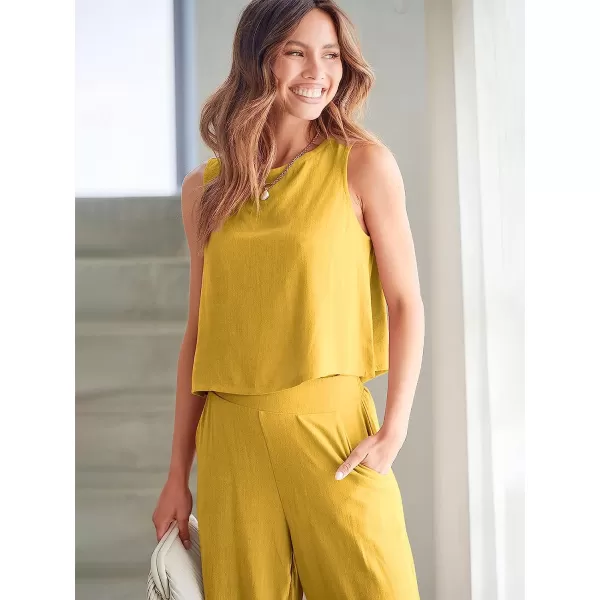 imageANRABESS Womens Summer 2 Piece Outfits Sleeveless Tank Crop Button Back Top Cropped Wide Leg Pants Set PocketsYellow