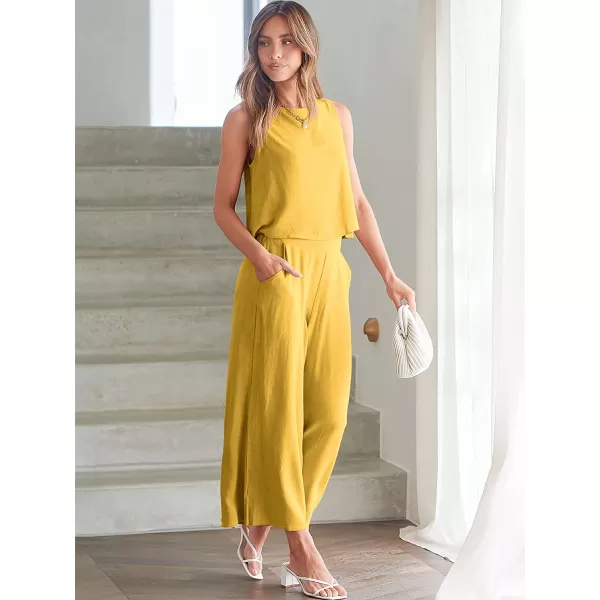 imageANRABESS Womens Summer 2 Piece Outfits Sleeveless Tank Crop Button Back Top Cropped Wide Leg Pants Set PocketsYellow