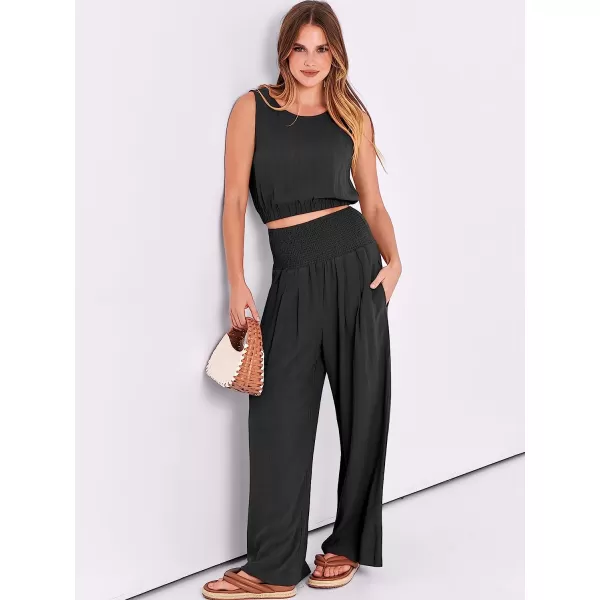 imageANRABESS Womens Summer 2 Piece Outfits Sleeveless Tank Crop Button Back Top Cropped Wide Leg Smocked Pants Set PocketsBlack