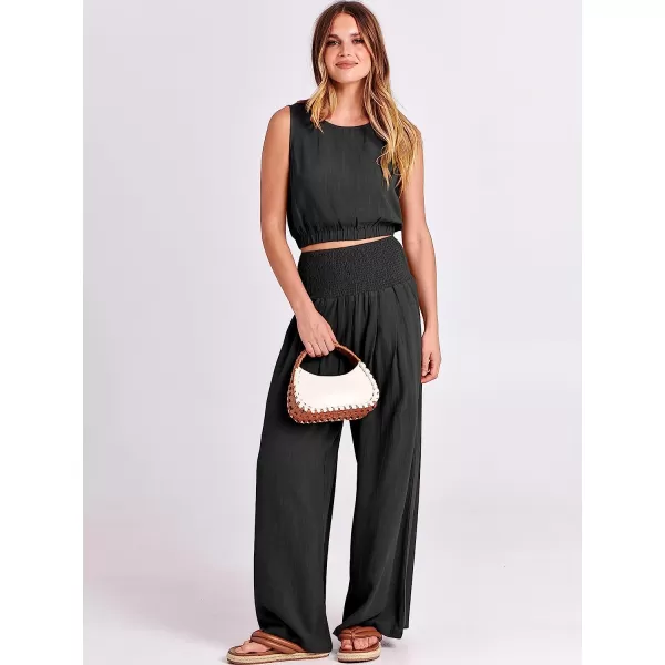 imageANRABESS Womens Summer 2 Piece Outfits Sleeveless Tank Crop Button Back Top Cropped Wide Leg Smocked Pants Set PocketsBlack