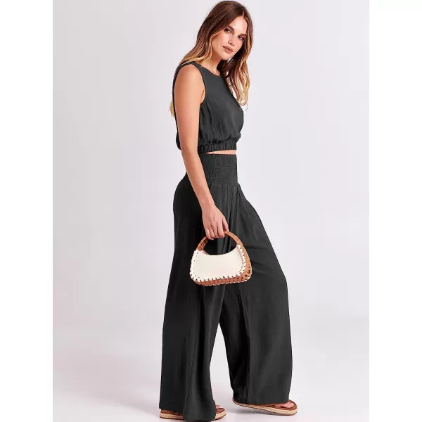 imageANRABESS Womens Summer 2 Piece Outfits Sleeveless Tank Crop Button Back Top Cropped Wide Leg Smocked Pants Set PocketsBlack