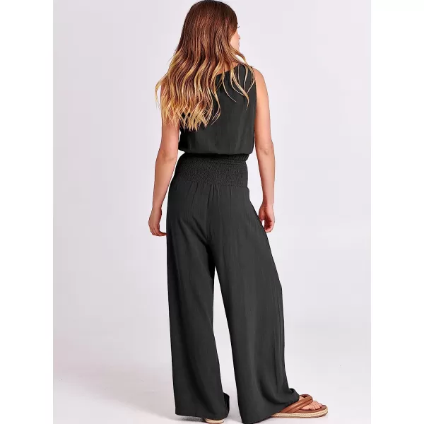 imageANRABESS Womens Summer 2 Piece Outfits Sleeveless Tank Crop Button Back Top Cropped Wide Leg Smocked Pants Set PocketsBlack
