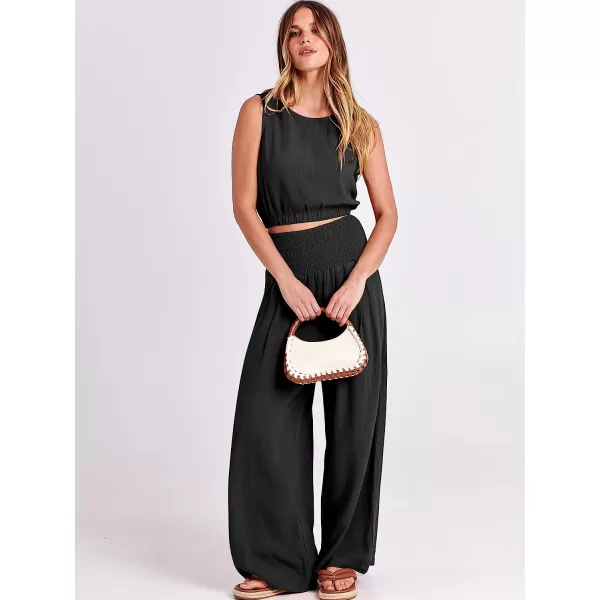 imageANRABESS Womens Summer 2 Piece Outfits Sleeveless Tank Crop Button Back Top Cropped Wide Leg Smocked Pants Set PocketsBlack