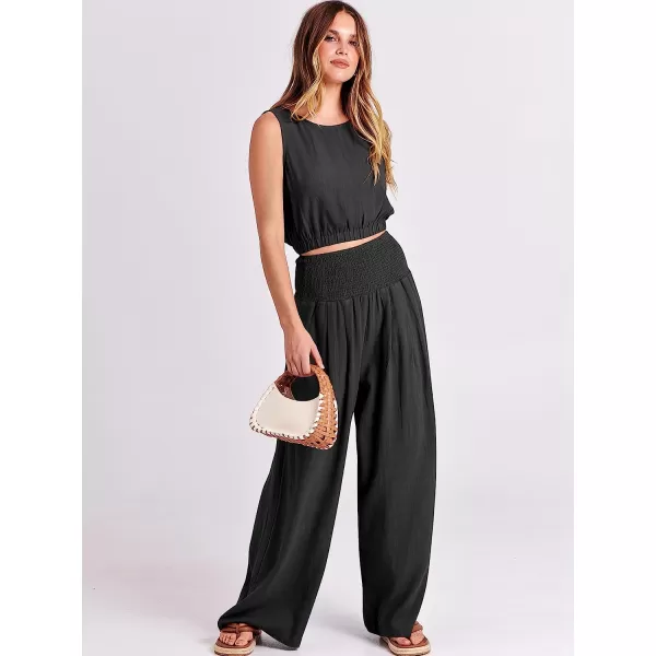 imageANRABESS Womens Summer 2 Piece Outfits Sleeveless Tank Crop Button Back Top Cropped Wide Leg Smocked Pants Set PocketsBlack