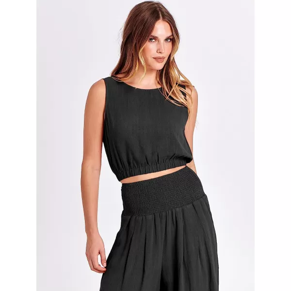 imageANRABESS Womens Summer 2 Piece Outfits Sleeveless Tank Crop Button Back Top Cropped Wide Leg Smocked Pants Set PocketsBlack