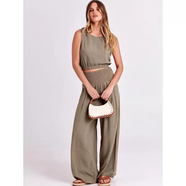 imageANRABESS Womens Summer 2 Piece Outfits Sleeveless Tank Crop Button Back Top Cropped Wide Leg Smocked Pants Set PocketsKhaki