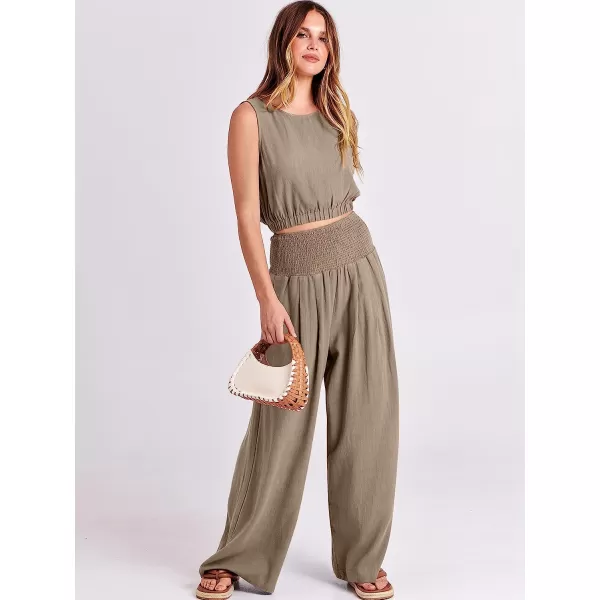 imageANRABESS Womens Summer 2 Piece Outfits Sleeveless Tank Crop Button Back Top Cropped Wide Leg Smocked Pants Set PocketsKhaki