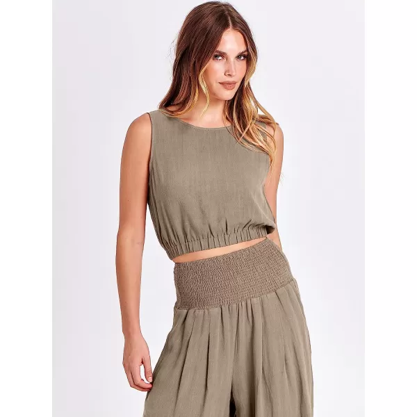 imageANRABESS Womens Summer 2 Piece Outfits Sleeveless Tank Crop Button Back Top Cropped Wide Leg Smocked Pants Set PocketsKhaki