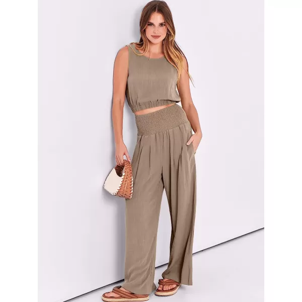 imageANRABESS Womens Summer 2 Piece Outfits Sleeveless Tank Crop Button Back Top Cropped Wide Leg Smocked Pants Set PocketsKhaki