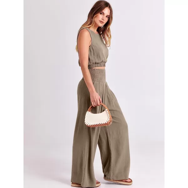 imageANRABESS Womens Summer 2 Piece Outfits Sleeveless Tank Crop Button Back Top Cropped Wide Leg Smocked Pants Set PocketsKhaki