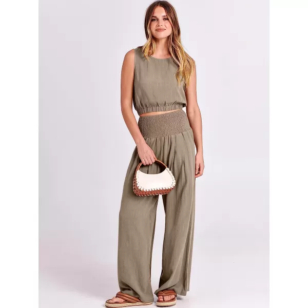 imageANRABESS Womens Summer 2 Piece Outfits Sleeveless Tank Crop Button Back Top Cropped Wide Leg Smocked Pants Set PocketsKhaki