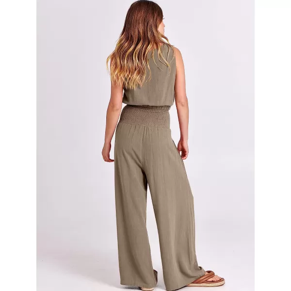 imageANRABESS Womens Summer 2 Piece Outfits Sleeveless Tank Crop Button Back Top Cropped Wide Leg Smocked Pants Set PocketsKhaki