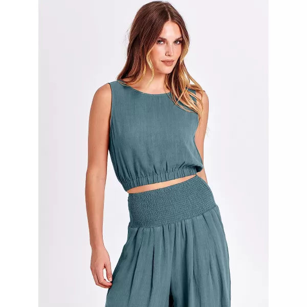 imageANRABESS Womens Summer 2 Piece Outfits Sleeveless Tank Crop Button Back Top Cropped Wide Leg Smocked Pants Set PocketsLake