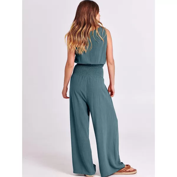 imageANRABESS Womens Summer 2 Piece Outfits Sleeveless Tank Crop Button Back Top Cropped Wide Leg Smocked Pants Set PocketsLake