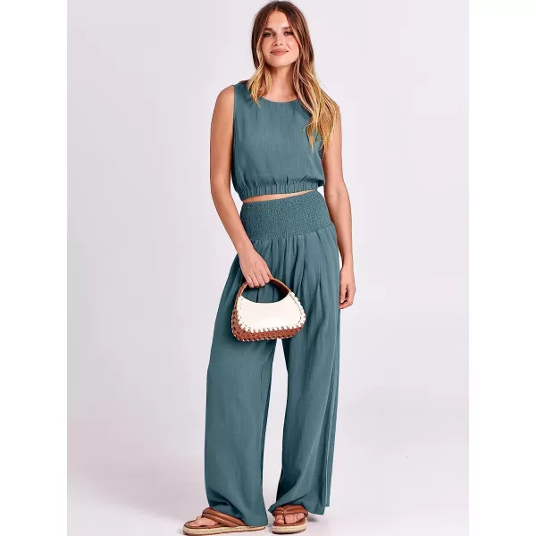 imageANRABESS Womens Summer 2 Piece Outfits Sleeveless Tank Crop Button Back Top Cropped Wide Leg Smocked Pants Set PocketsLake