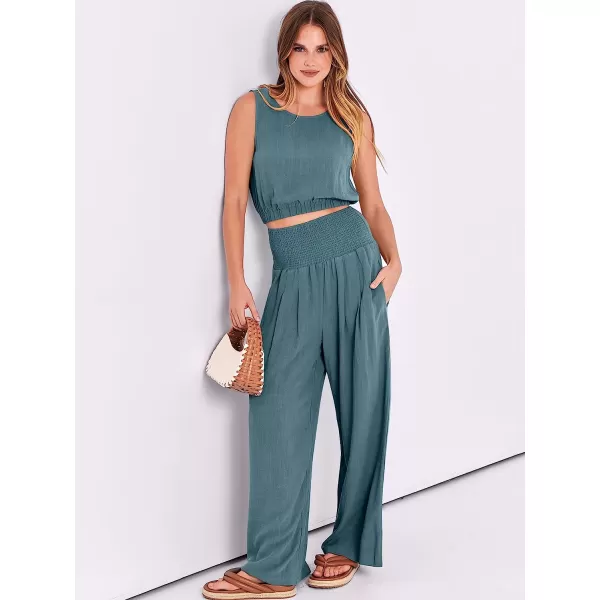 imageANRABESS Womens Summer 2 Piece Outfits Sleeveless Tank Crop Button Back Top Cropped Wide Leg Smocked Pants Set PocketsLake