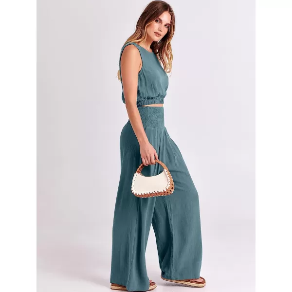 imageANRABESS Womens Summer 2 Piece Outfits Sleeveless Tank Crop Button Back Top Cropped Wide Leg Smocked Pants Set PocketsLake