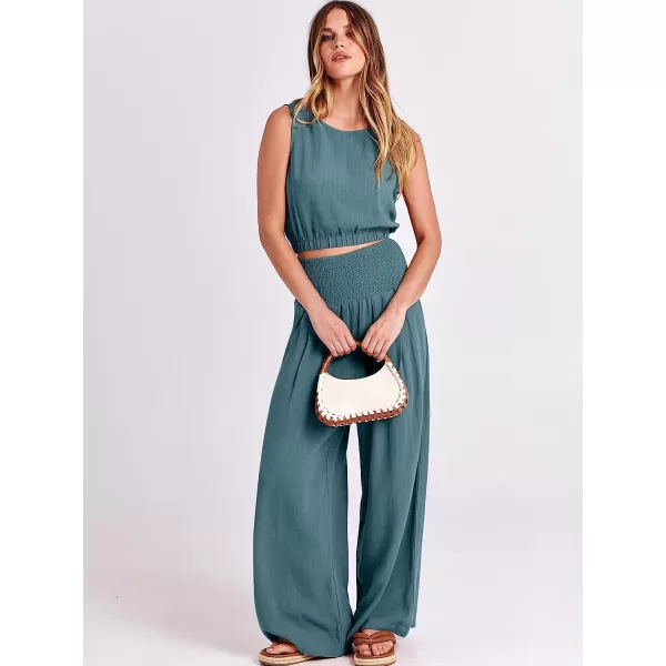 imageANRABESS Womens Summer 2 Piece Outfits Sleeveless Tank Crop Button Back Top Cropped Wide Leg Smocked Pants Set PocketsLake