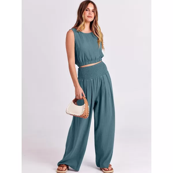 imageANRABESS Womens Summer 2 Piece Outfits Sleeveless Tank Crop Button Back Top Cropped Wide Leg Smocked Pants Set PocketsLake