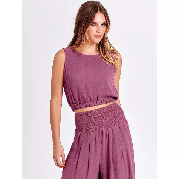 imageANRABESS Womens Summer 2 Piece Outfits Sleeveless Tank Crop Button Back Top Cropped Wide Leg Smocked Pants Set PocketsRose