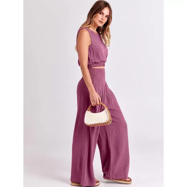 imageANRABESS Womens Summer 2 Piece Outfits Sleeveless Tank Crop Button Back Top Cropped Wide Leg Smocked Pants Set PocketsRose