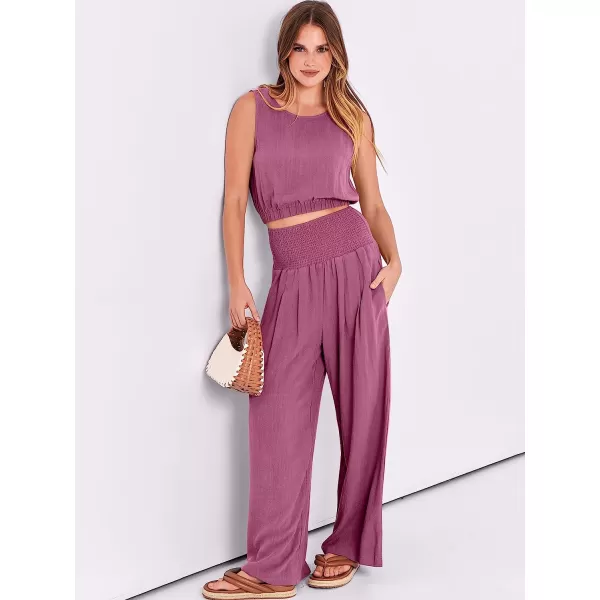 imageANRABESS Womens Summer 2 Piece Outfits Sleeveless Tank Crop Button Back Top Cropped Wide Leg Smocked Pants Set PocketsRose