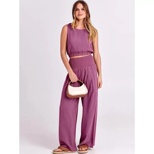 imageANRABESS Womens Summer 2 Piece Outfits Sleeveless Tank Crop Button Back Top Cropped Wide Leg Smocked Pants Set PocketsRose
