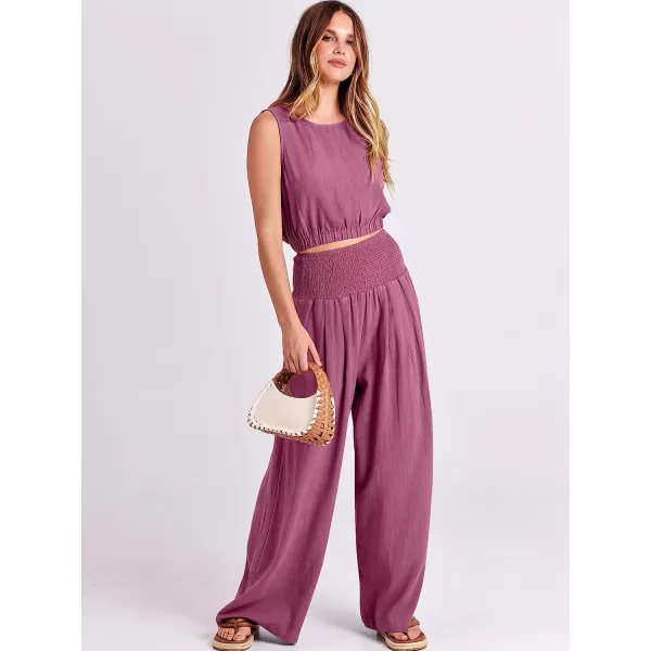 imageANRABESS Womens Summer 2 Piece Outfits Sleeveless Tank Crop Button Back Top Cropped Wide Leg Smocked Pants Set PocketsRose