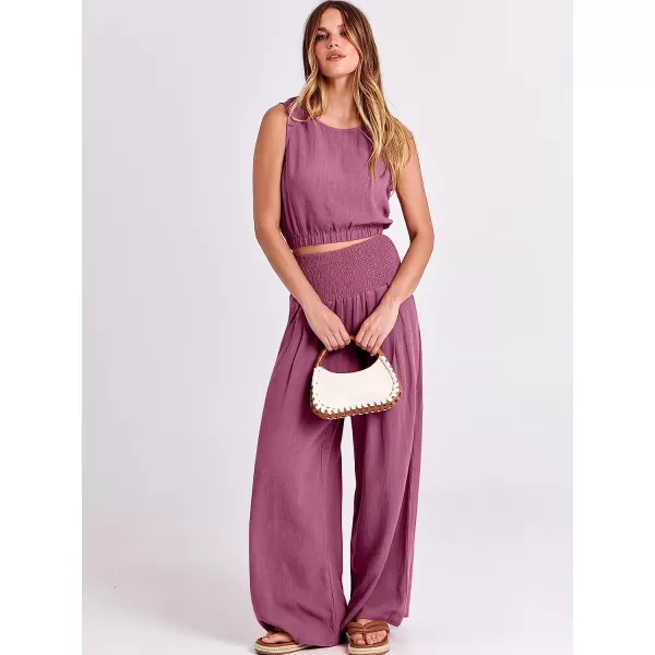 imageANRABESS Womens Summer 2 Piece Outfits Sleeveless Tank Crop Button Back Top Cropped Wide Leg Smocked Pants Set PocketsRose
