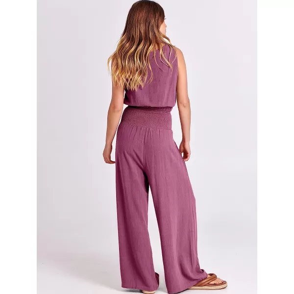 imageANRABESS Womens Summer 2 Piece Outfits Sleeveless Tank Crop Button Back Top Cropped Wide Leg Smocked Pants Set PocketsRose