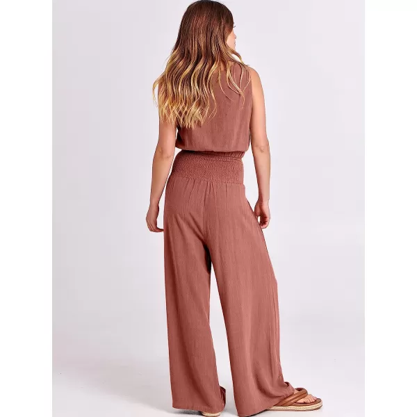 imageANRABESS Womens Summer 2 Piece Outfits Sleeveless Tank Crop Button Back Top Cropped Wide Leg Smocked Pants Set PocketsRust