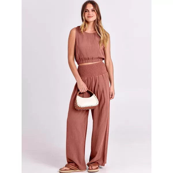 imageANRABESS Womens Summer 2 Piece Outfits Sleeveless Tank Crop Button Back Top Cropped Wide Leg Smocked Pants Set PocketsRust